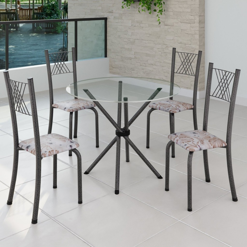Conjunto de Jantar Mesa Tampo Redondo de Vidro Incolor com 4 Cadeiras Sara Yescasa Martelado Prata/Botanic Bege em Oferta na Shopee