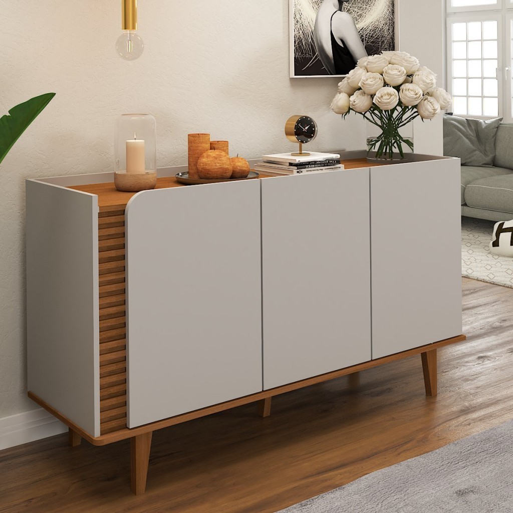 Balcão Buffet Elegance Ripado 3 Portas Cinamomo/Off White - Panorama Móveis - Home & Living