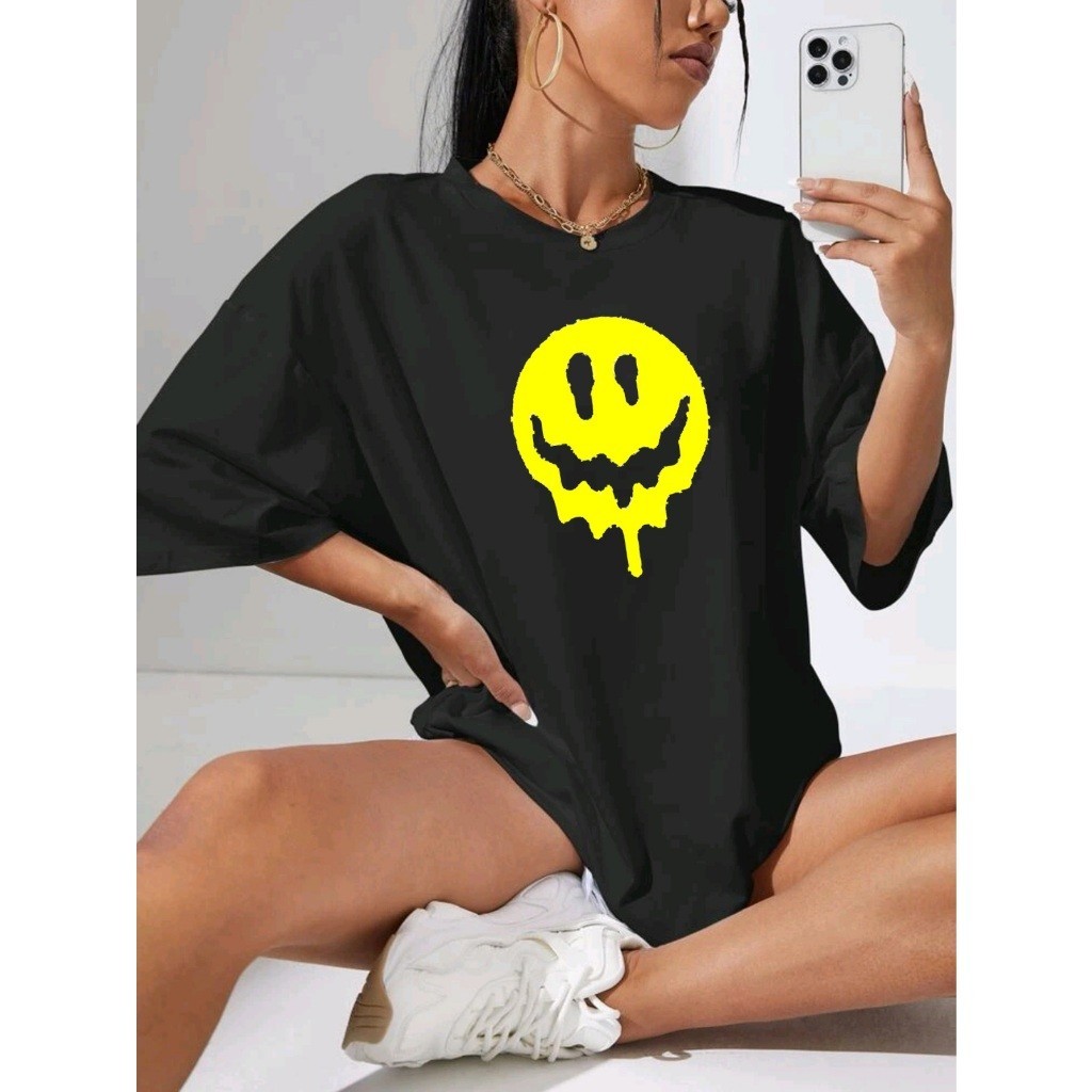 Camiseta Ombro Caído Feminina Lançamento Tumblr ombro caído ocasional 100% algodão com gráfico de sorriso animado estampada T-Shirt Novidade