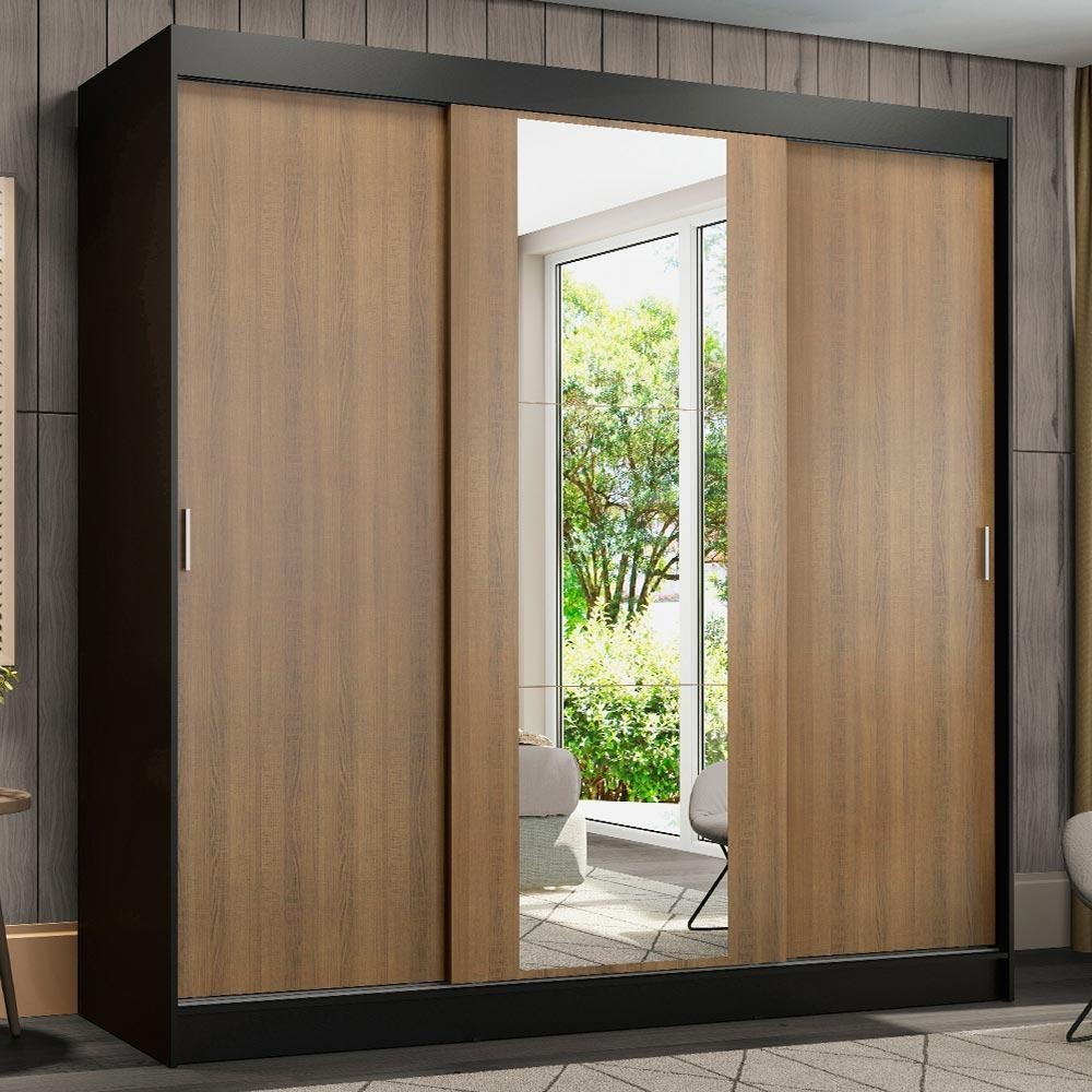 Guarda-Roupa Casal Madesa Reno 3 Portas de Correr com Espelho - Preto/Rustic - Home & Living