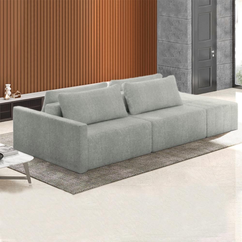 Imagem Sofá Ilha Modulado Milos 232cm Puff Lateral Bouclê Cinza G33 - Gran Belo