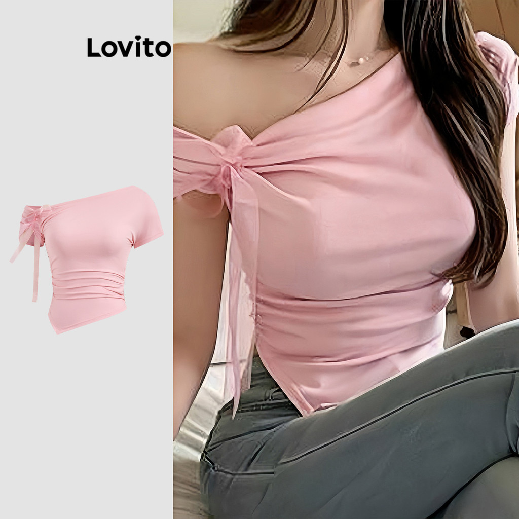 Lovito Camiseta Fofa Lisa Assimétrica Com Gravata Frontal Para Mulheres L122AD121 - Women Clothes