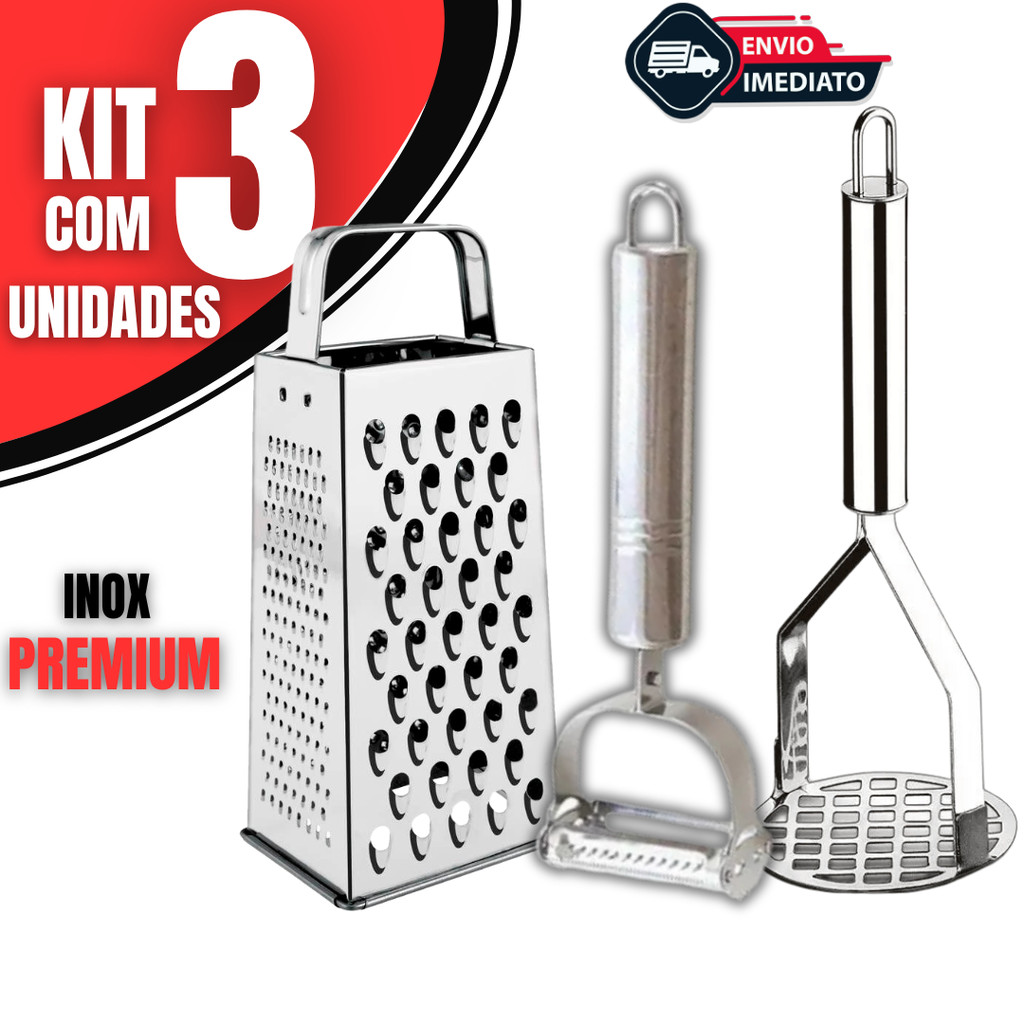 Kit Utensílios de Cozinha Amassador de Batata Descascador de Legumes e Ralador Inox Kit 03 Peças