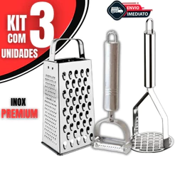 Kit Utensílios de Cozinha Amassador de Batata Descascador de Legumes e Ralador Inox Kit 03 Peças