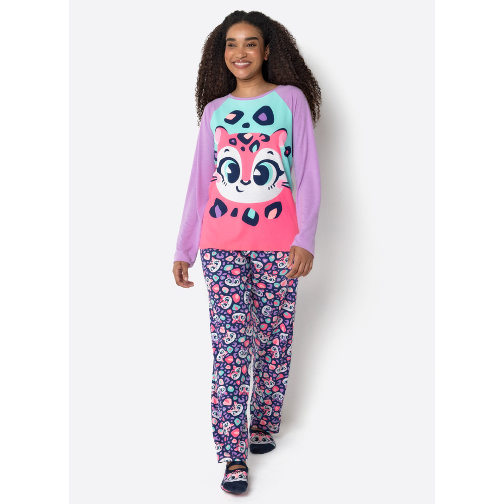 Pijama Manga Longa Feminino Onça - Puket em Oferta na Shopee