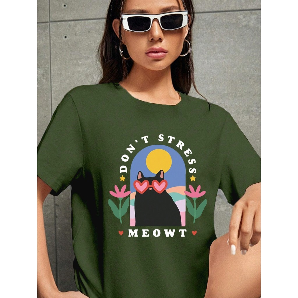 Camiseta Oversized Streetwear Aesthetic Estilo Blusa Estampada Don't Stress Meowt Flores Gato Óculos
