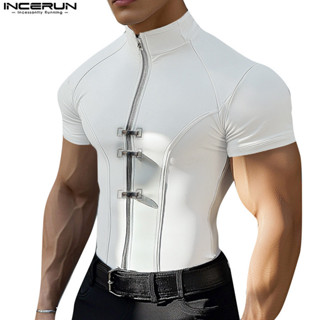 INCERUN Camisetas Masculinas Vintage Punk Rock Estilo Gola Alta Com Botões De Metal Decoram Zíper em Oferta na Shopee