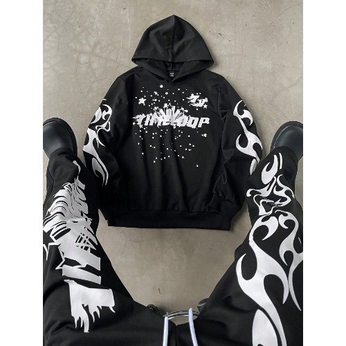 Conjunto de Moletom Casual de Estilo de Rua Masculino com Impressão de Letra e Chama e Calça   Outono/inverno exclusivo