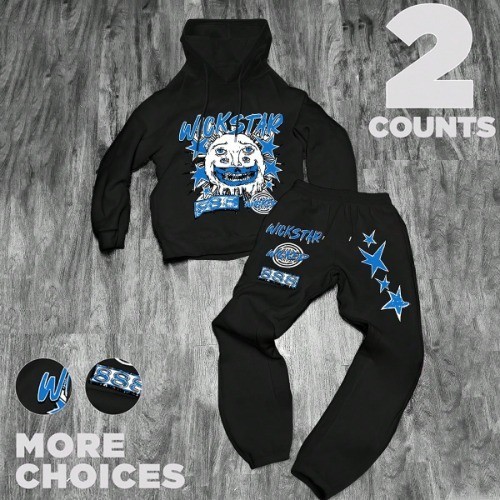 Conjunto de Moletom com Capuz e Calça, Estampados  com Estrela/Elemento Sol, Roupa Urbana para Outono/Inverno exclusiva