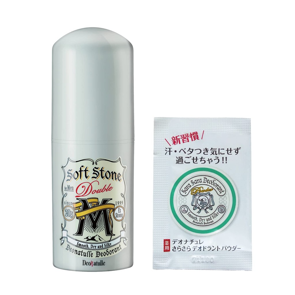"Deonatulle Men’s Soft Stone W Non-Menthol Underarm Stick Deodorant - 20g (2-Pack) with Bonus Powder Sachet - .co.jp Exc