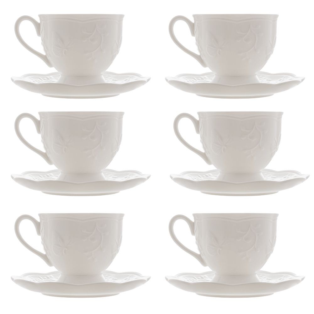 Jogo 6 Xícara de Café com Pires em Porcelana New Bone Butterfly Borboleta e Flores 100ml Lyor