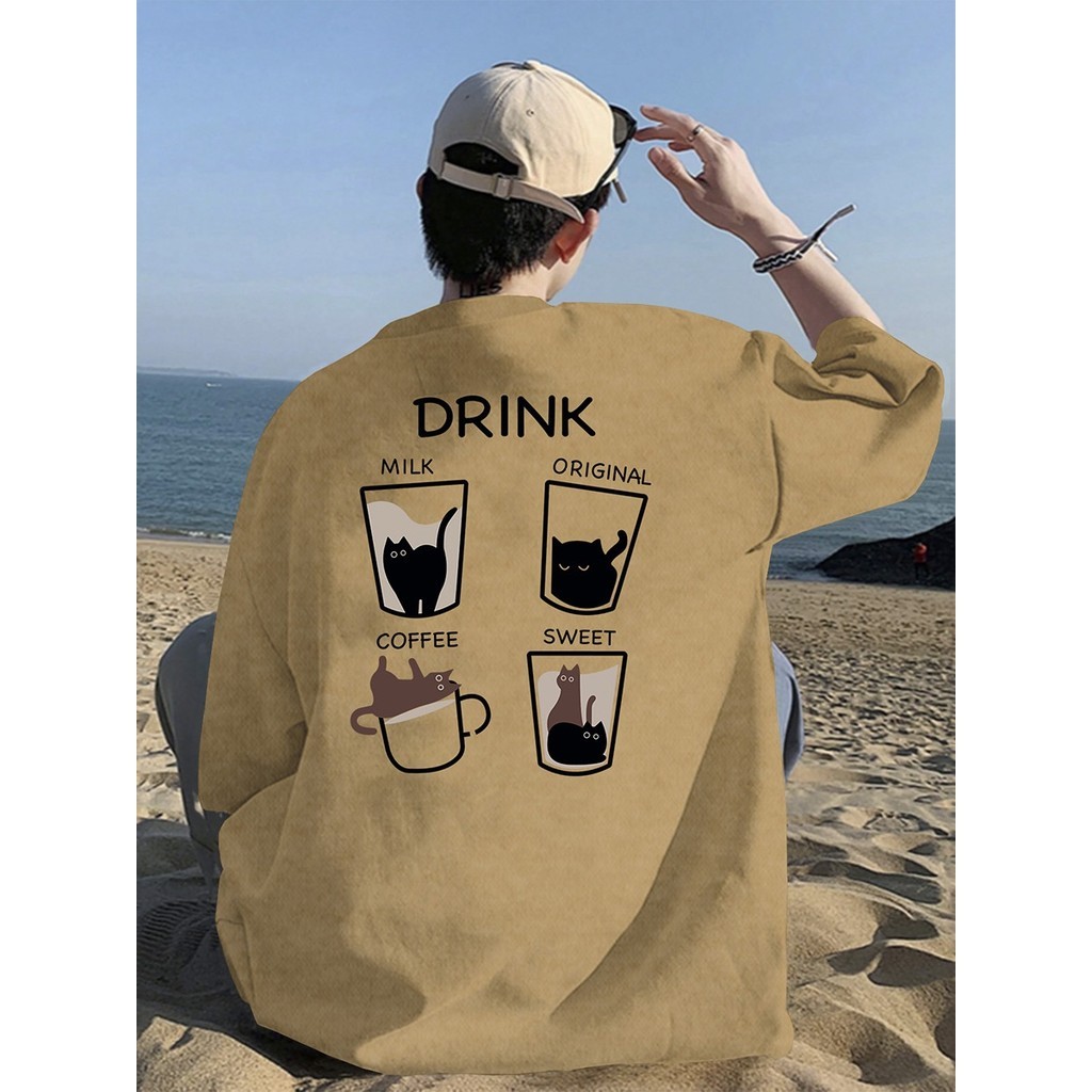 Camisa Estampa Drink Milk Original Coffee Sweet Gatinhos Blusa T Shirt Swag Estilo Casual Camiseta