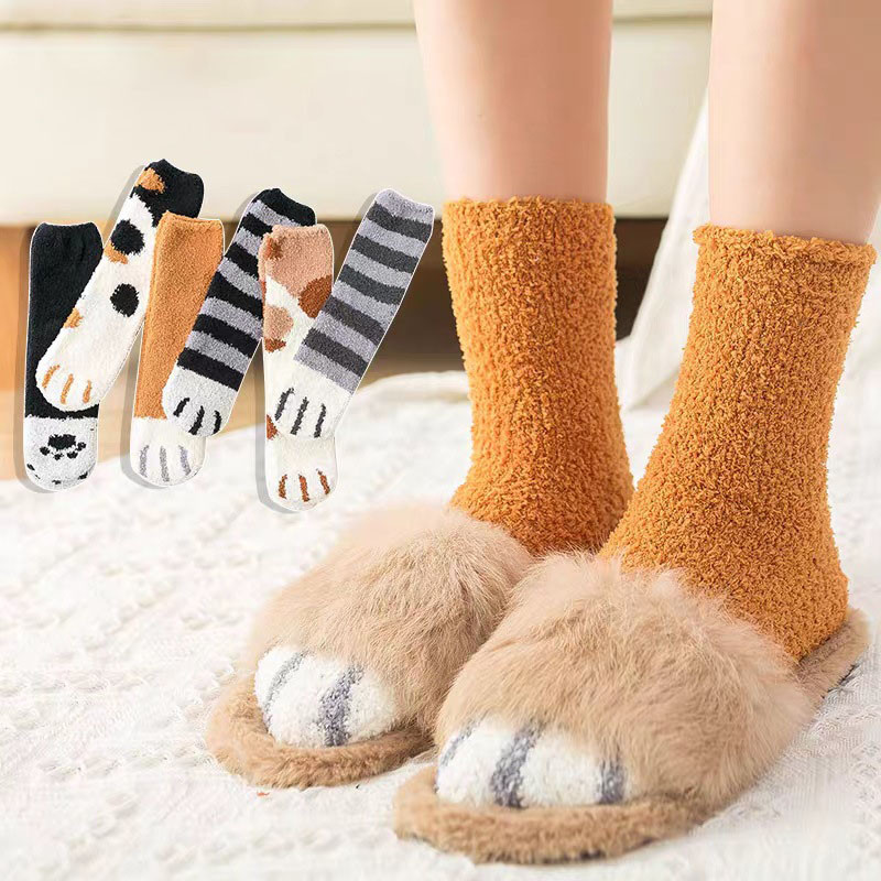 Mulheres Inverno Quente Meias Fofas Bonito Animal Garra Gato Pata Pegada Fuzzy Femininas Grossas Coral Velo Casa Chão So