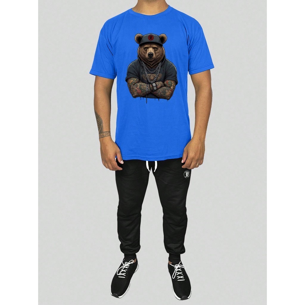 Conjunto Masculino Camiseta Algodão e Calça Moletom , Estampado Urso Bravo moda academia,casual e noite lançamentoa
