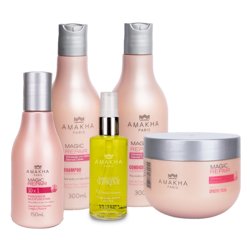 Kit Hidratação Profunda Magic Repair: Shampoo + Condicionador + Máscará + Finalizador 10x1 + Elixir Blend | Amakha Paris
