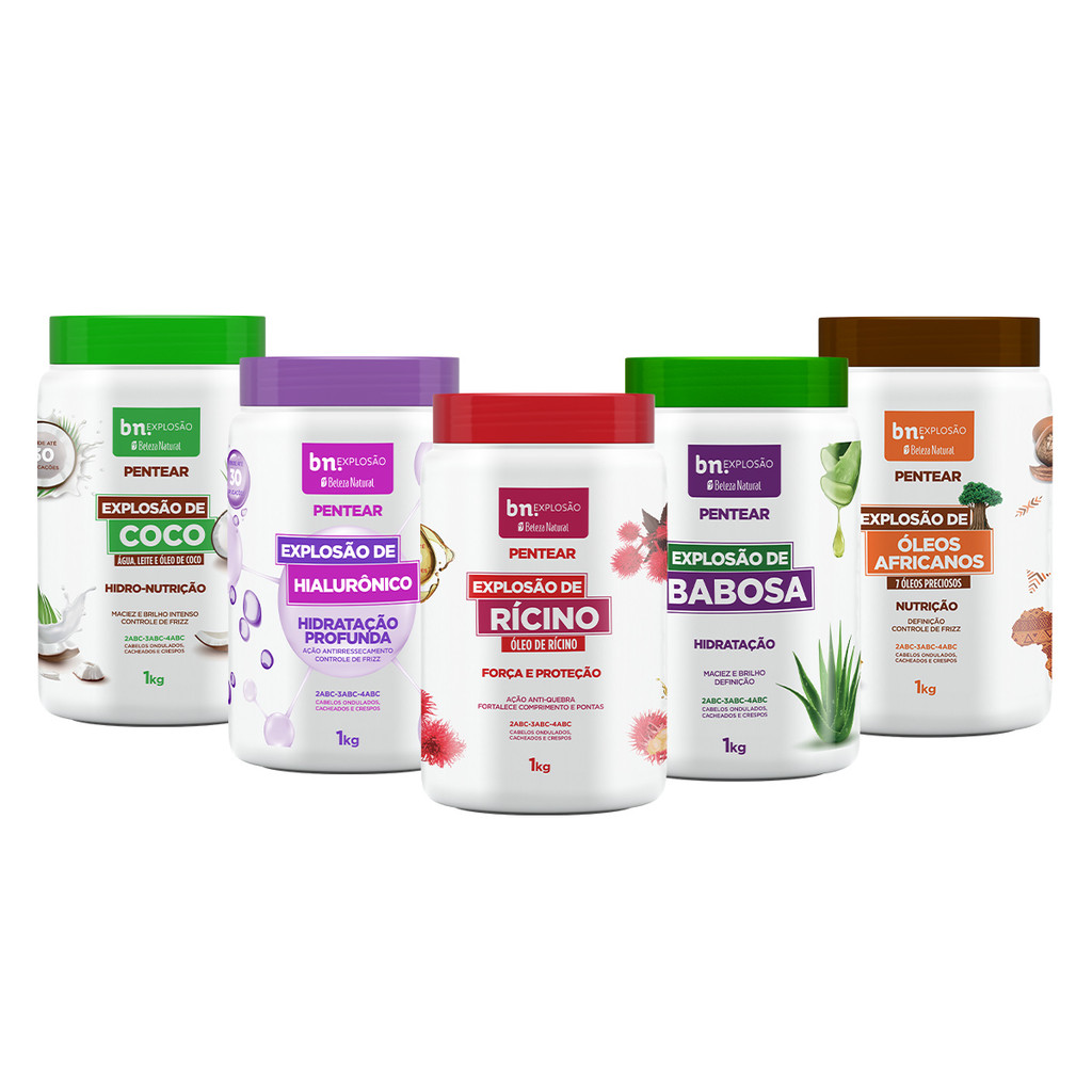Kit Creme de Pentear para Cachos Explosão de Coco + Hialurônico + Rícino + Babosa + Óleos Africanos em Oferta na Shopee