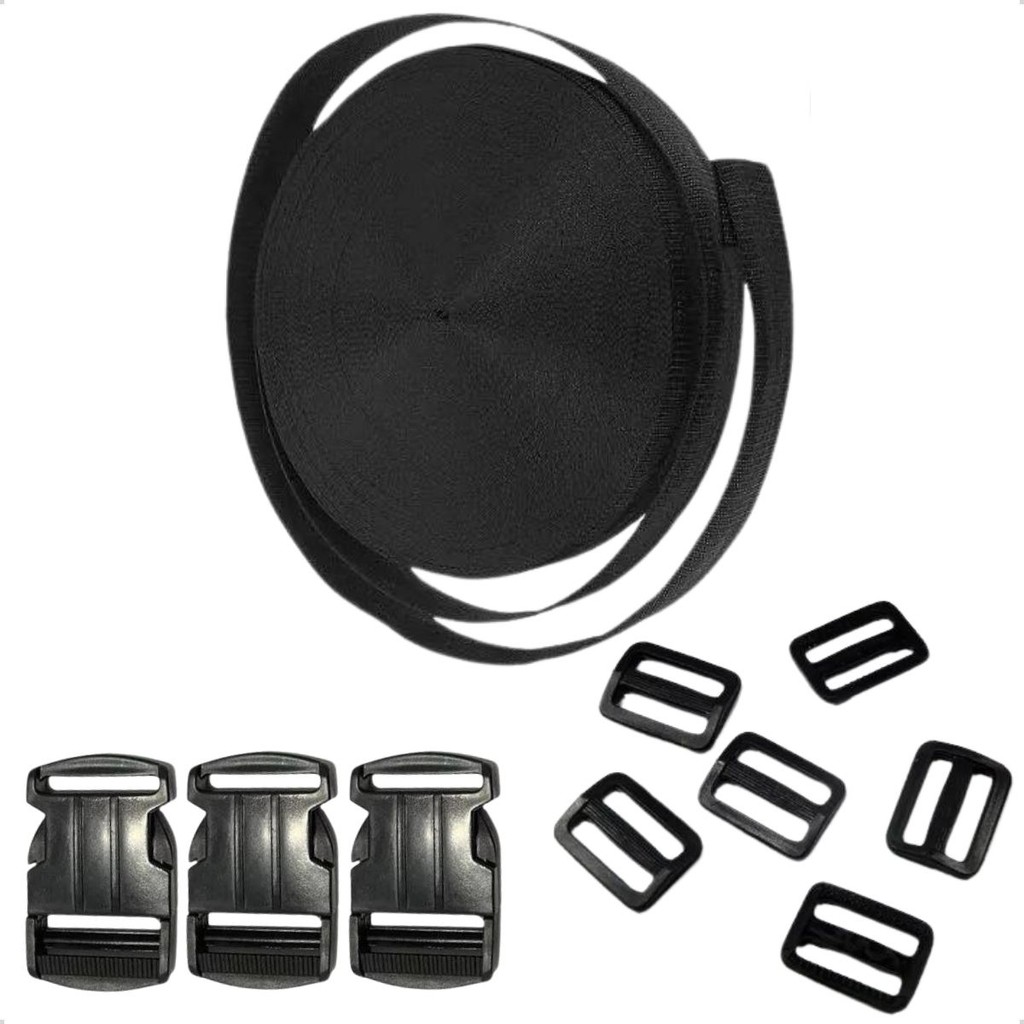 KIt 10 Metros Cinta Ca + 10 Fechos + 10 Reguladores 40mm Para Mochilas Bolsas