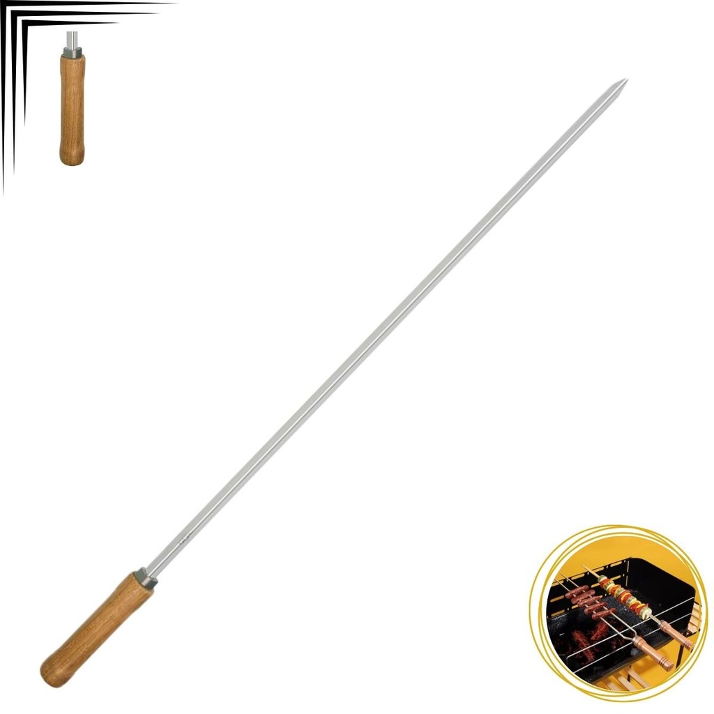 Espeto Simples 85cm Churrasco Mor Aço Cromado Cabo Madeira