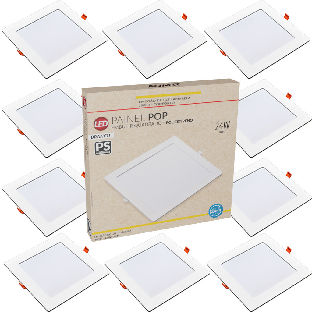 Kit 10 Painel Plafon 24W Quadrado Embutir Luz Amarela 3000K Bivolt 127v 220v Led Avant em Oferta na Shopee