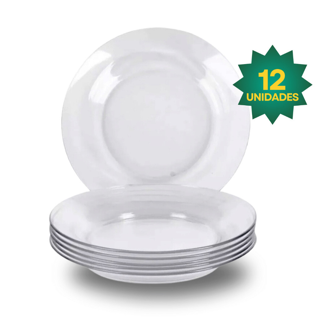 Jogo De Prato Fundo Vidro Transparente Kit 12 Unidades em Oferta na Shopee