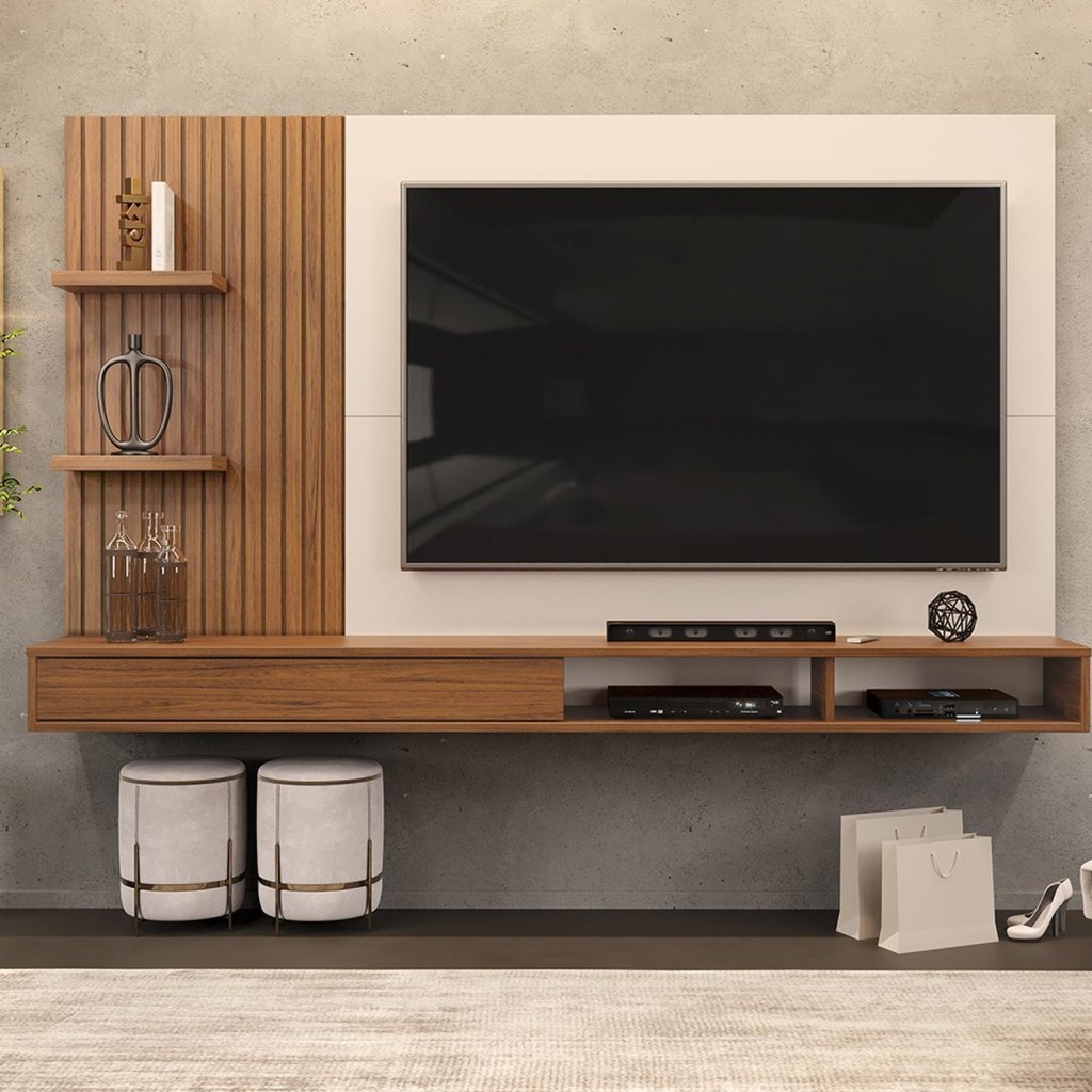 Painel Para Tv até 60 Polegadas Ripado com Nichos Bento Freijó/Off White - Home & Living