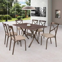 Conjunto de Mesa 6 Cadeiras Karina Bege/Bronze/Linho Bronze/Linho Bege