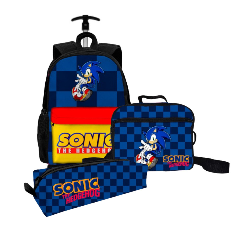 Kit Mochila Bolsa Escolar Com Rodinha + Estojo + Lancheira Térmica Sonic Para Criança Escolar