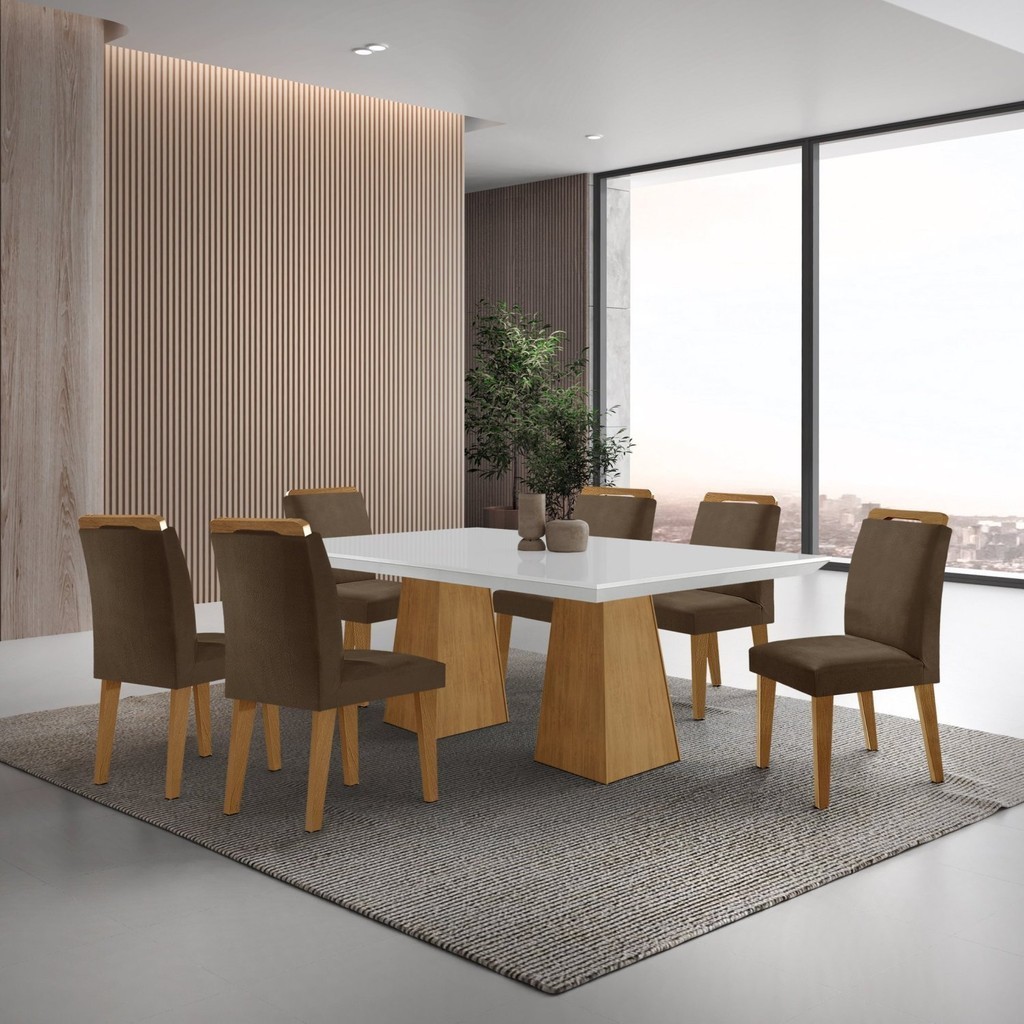 Mesa Inovare 180 Tp Mdf Vidro/canto Reto com 6 Cadeiras Bugatti Marrom/Off White/Imbuia