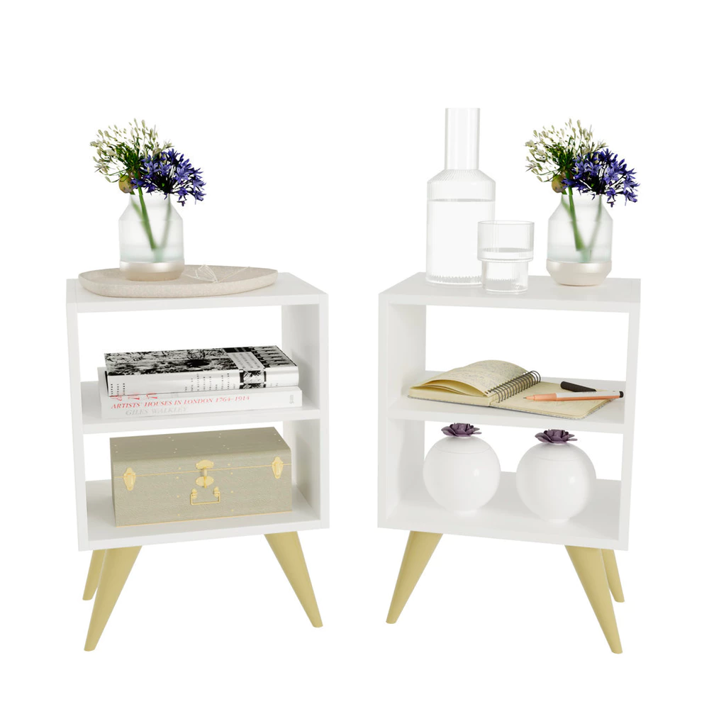 Kit 2 Mesa de Cabeceira Retrô Compacta com Nicho para Quarto Casal ou Solteiro Palma