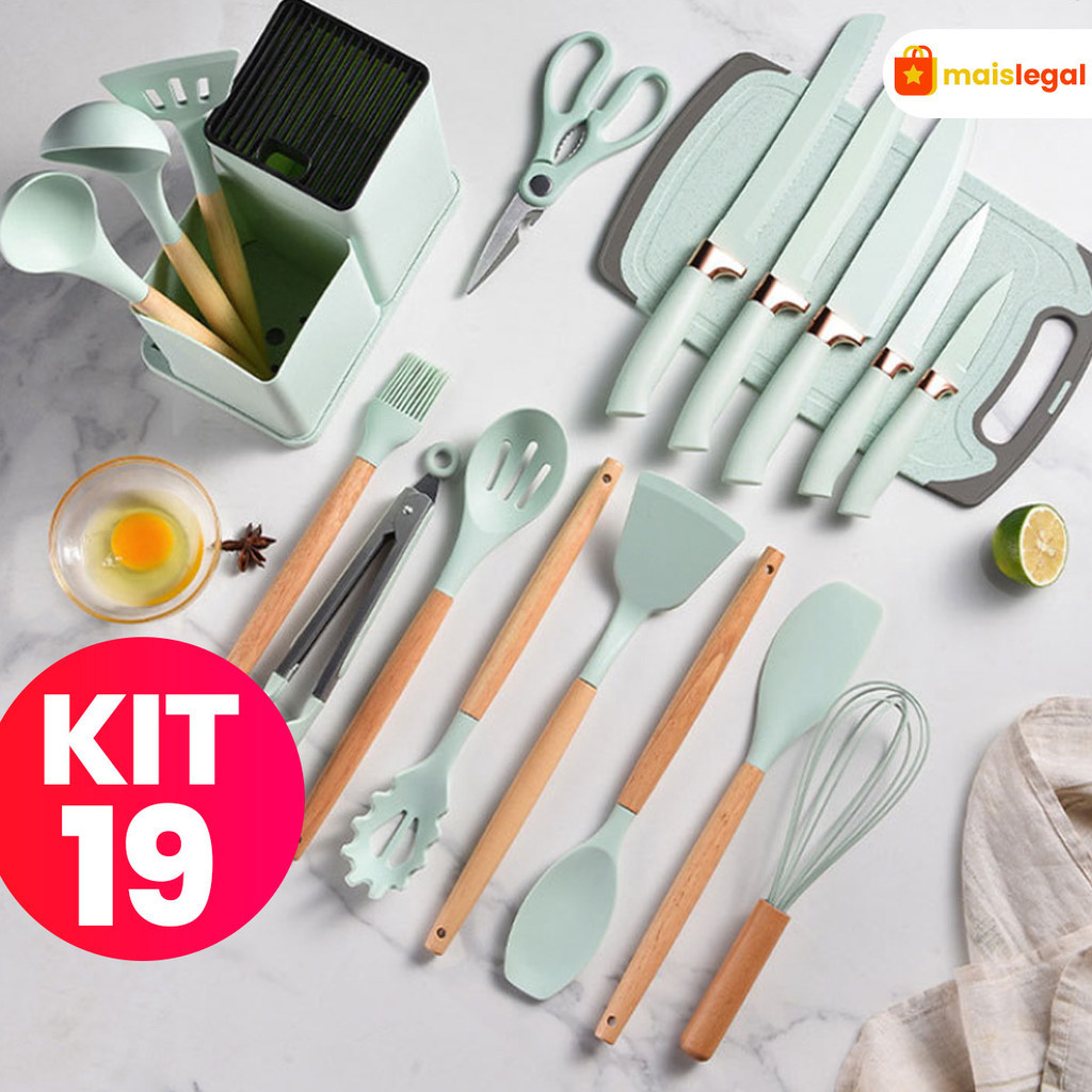 Kit Completo Jogo Utensílios de Cozinha Luxo 19 Peças Com Tábua em Silicone Espátula Faca Tesoura