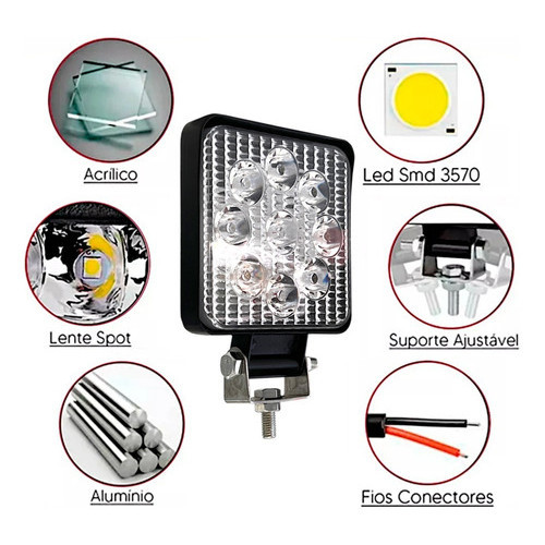 KIT 15 Farol de LED Auxiliar quadrado Mini 27W 9 Leds Jeep Troller Off-Road trator empilhadeira