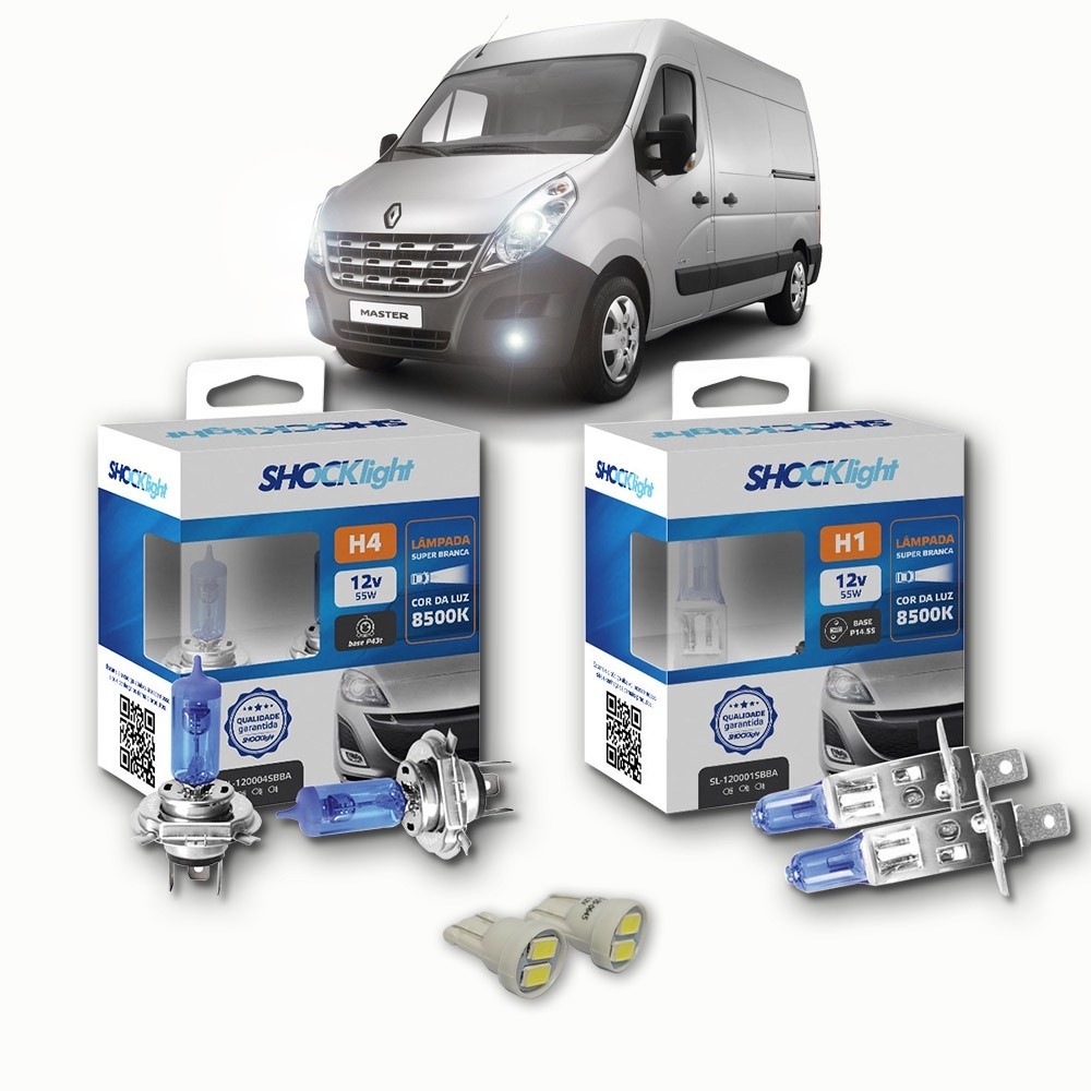 KIT lâmpadas Super brancas + LED T10 Renault Master 2002/2012 Farol H4 + milhas H1 8500k