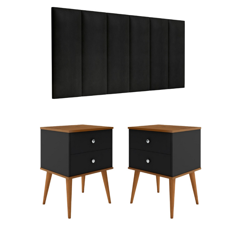 Conjunto de quarto Berlim 1,40 Cama Casal Com 2 Mesas de Cabeceira e painel de cabeceira madri 1,40