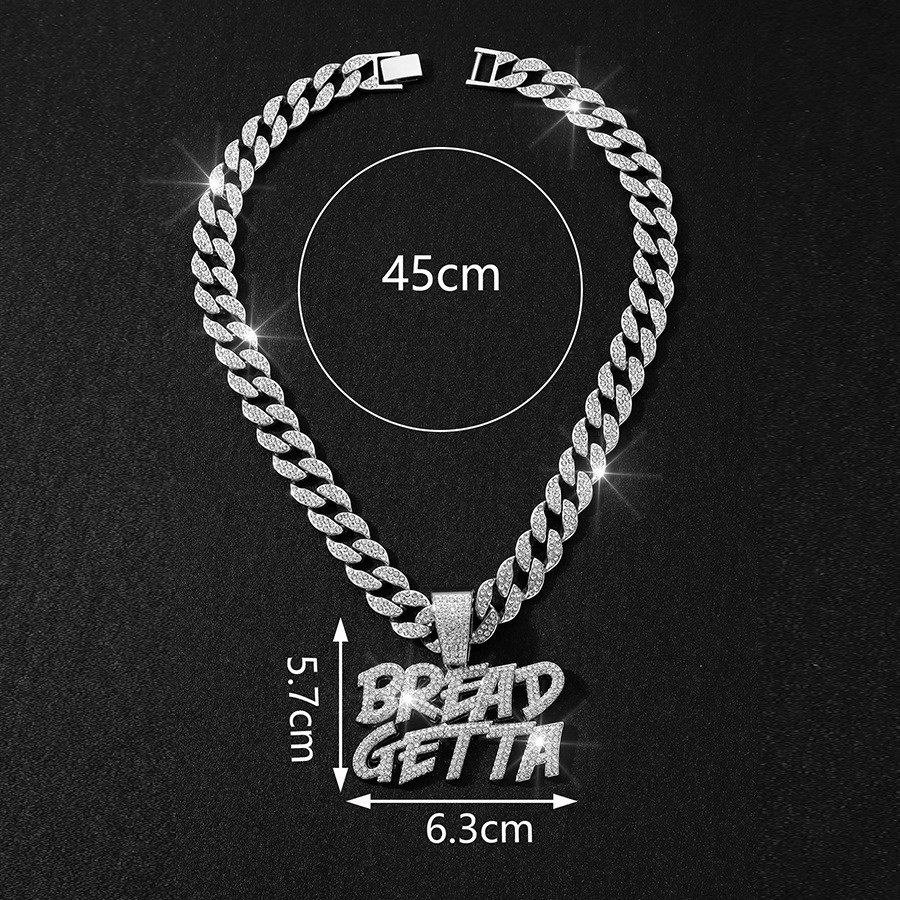 [Heavy metal avant-garde rock style] Popular hip-hop personality letters BREAD GETTA full diamond pendant fashionable unisex necklace personality