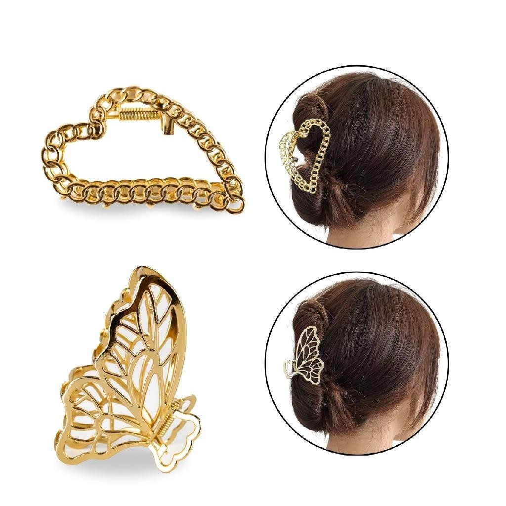 Kit 2 Presilhas Grande Prendedores de Cabelo Metal Dourado Borboleta Coração Penteados Acessório Cabelos em Oferta na Shopee