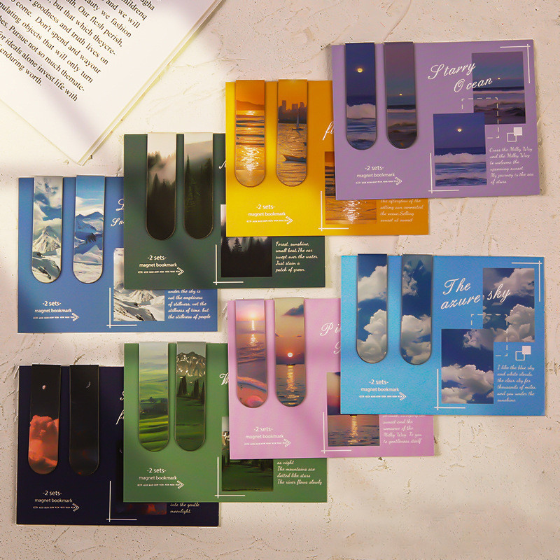 2 Pcs Elegante Embalagem Paisagem Série Padrão Magnético Bookmark Student Mini Magnetic Book Page Folder Bookmarks em Oferta na Shopee