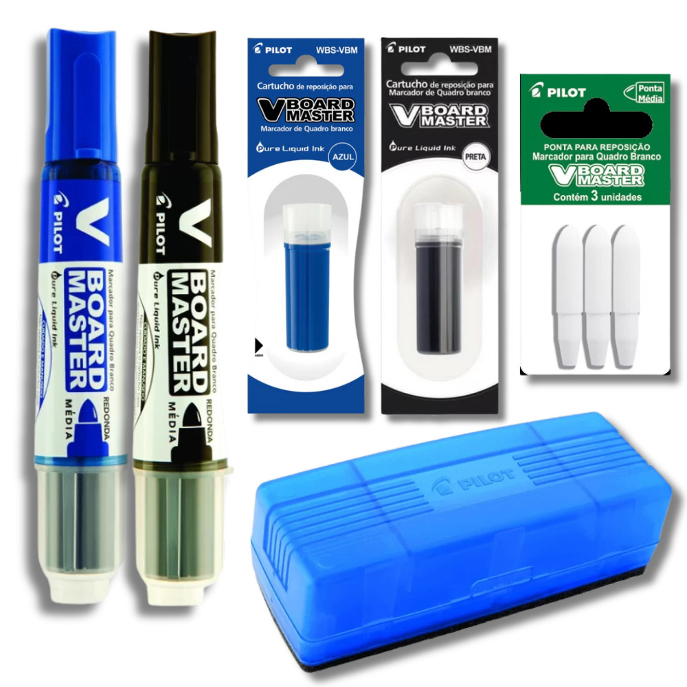 Kit 2 Marcadores Quadro Branco Recarregável + 2 Refil Marcador + Apagador + Refil de Ponta PILOT