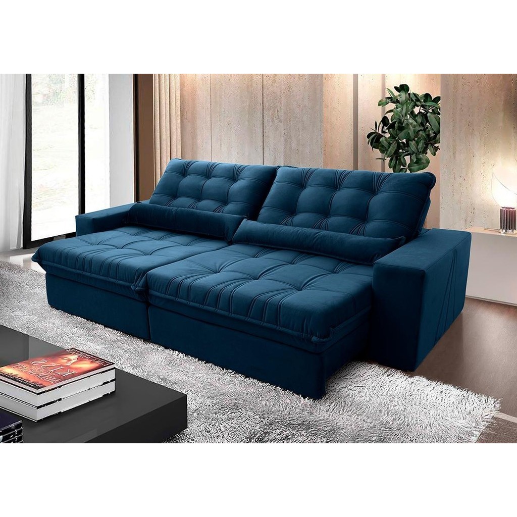 Sofá Retrátil Reclinável Zurique 3,00m Suede Velut Azul Marinho  Molas no Assento - King House - Home & Living