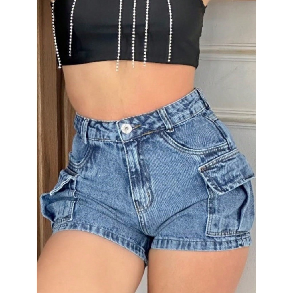 Shorts Jeans Cargo Feminino Curto Tecido Marmorizado 100% Algodão em Oferta na Shopee