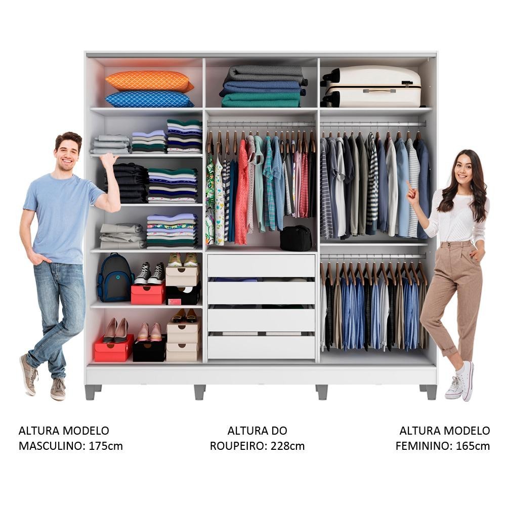 Detalhes do Guarda Roupa Casal 100% MDF Madesa Eros 3 Portas de Correr com Espelho com Pés - Branco/Rustic