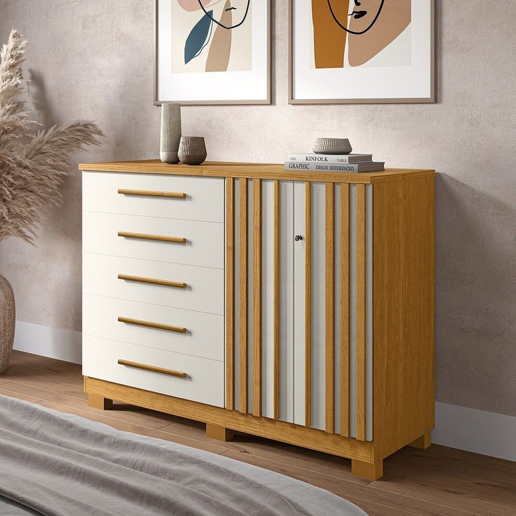 Cômoda 136cm 2 Portas e 5 Gavetas com Sapateira 100% Mdf Gérbera Cinamomo/Off White em Oferta na Shopee