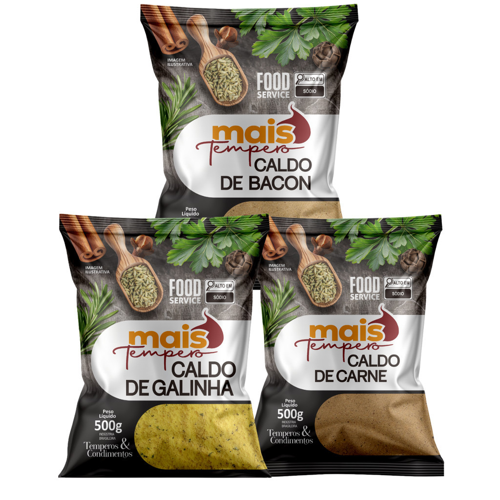 Kit Com 3 Caldo em Pó 1kg De Cada - Bacon, Carne e Galinha - Mais Tempero em Oferta na Shopee