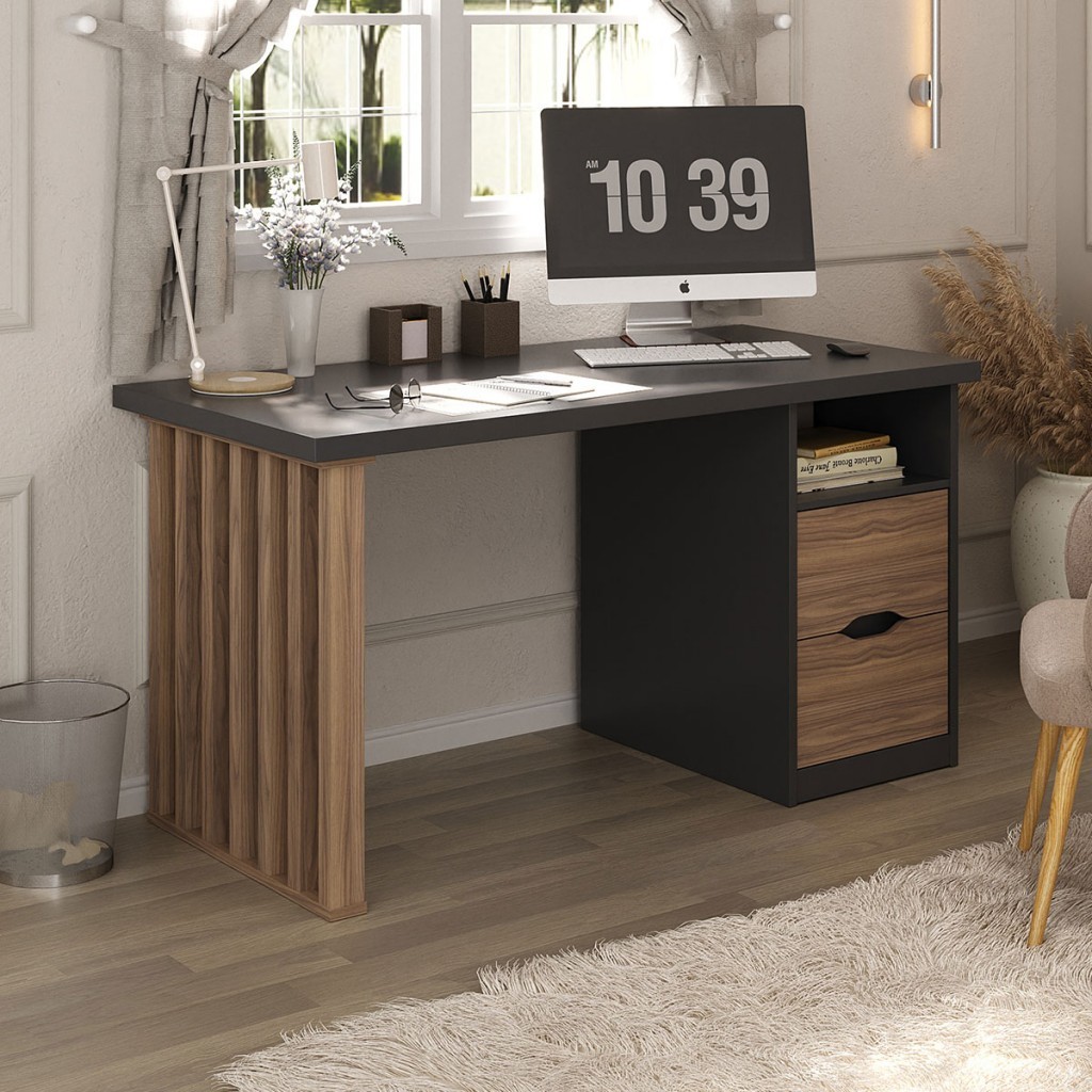 Mesa Escrivaninha Florence 2 Gavetas Nogal/Preto - Artany Móveis em Oferta na Shopee