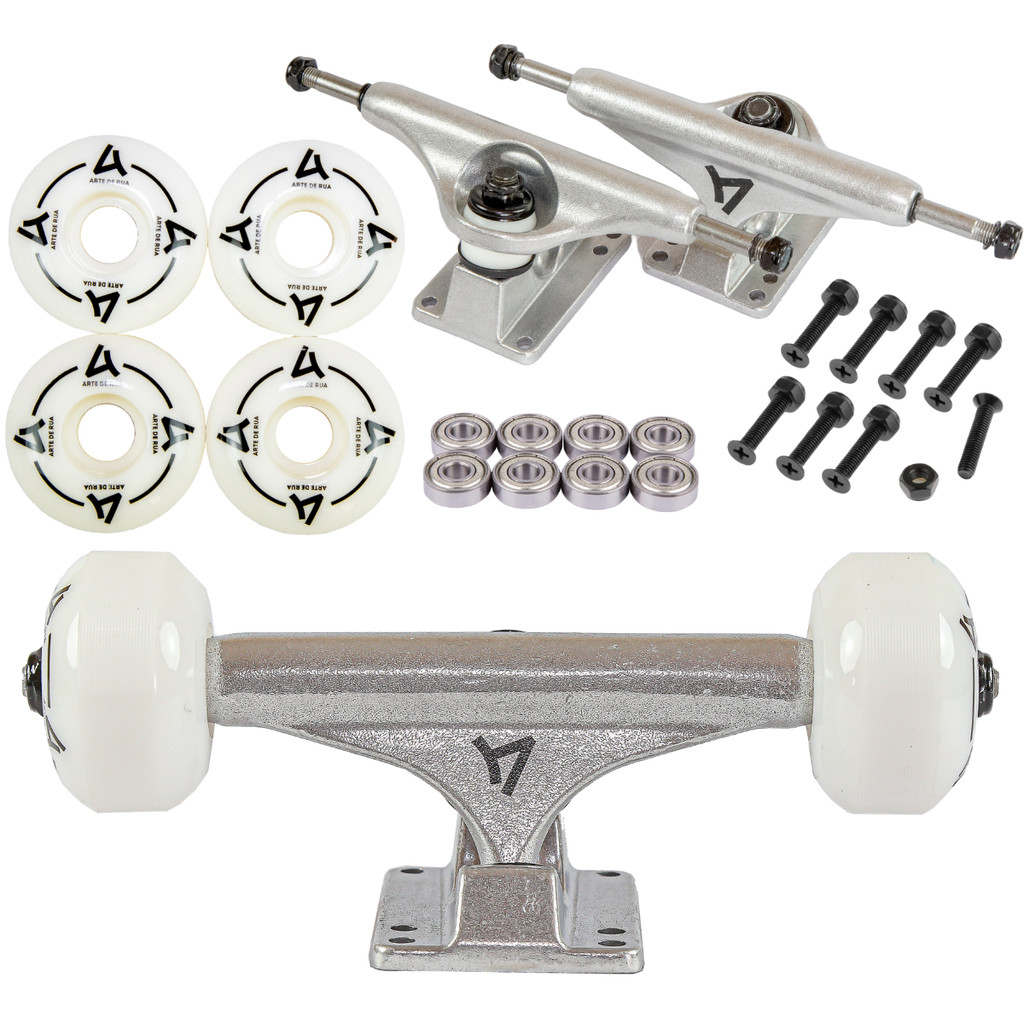 Kit Truck Skate Profissional Arte de Rua + Jogo Completo com Roda e Rolamento Abec 7 + Parafuso Base