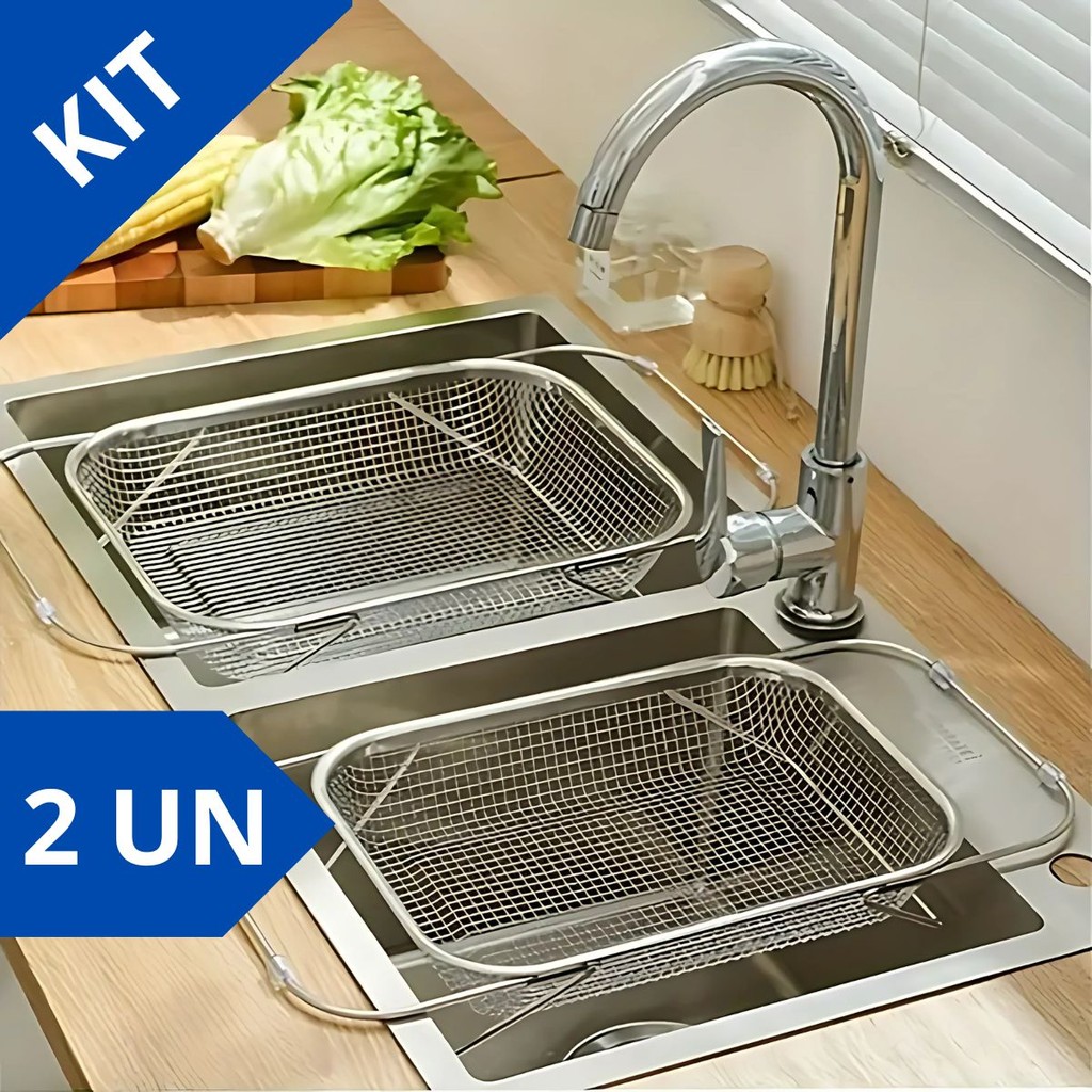 Kit 2 Escorredor de pia inox peneira Alça retrátil fruteira alimentos Escorredor de Macarr...