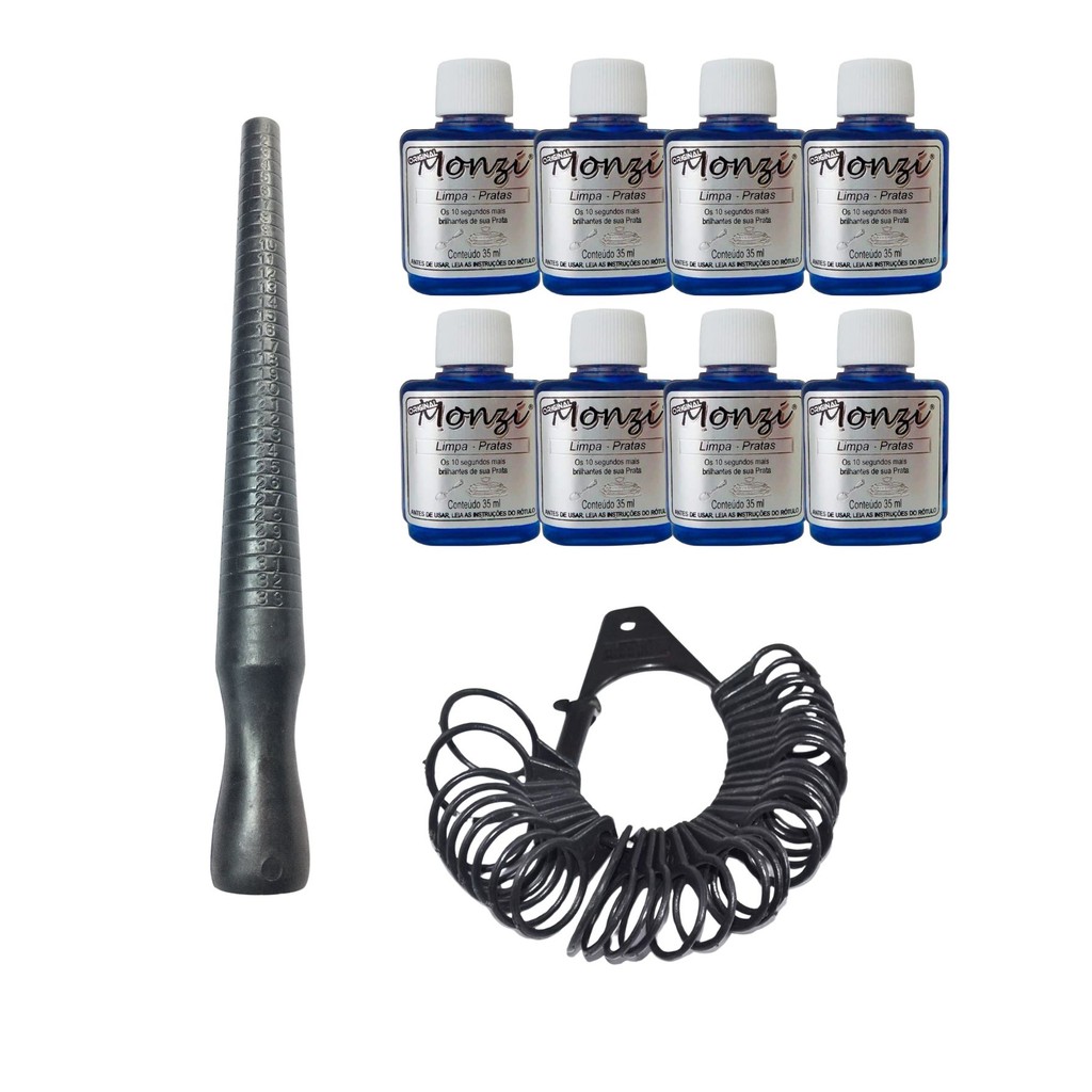 Kit 8 Limpa Pratas Monzi 35ml Original + 1 Bastão Medidor Anel + 1 Aneleira Medir Dedo Nº 1 ao 33