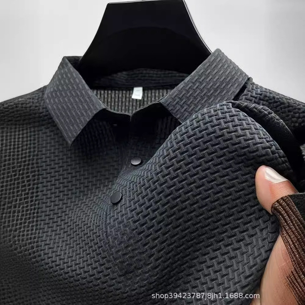 Camisa polo de secagem rápida de seda gelada, camiseta de manga curta com lapela Jacquard, Top drapeado masculino Casual
