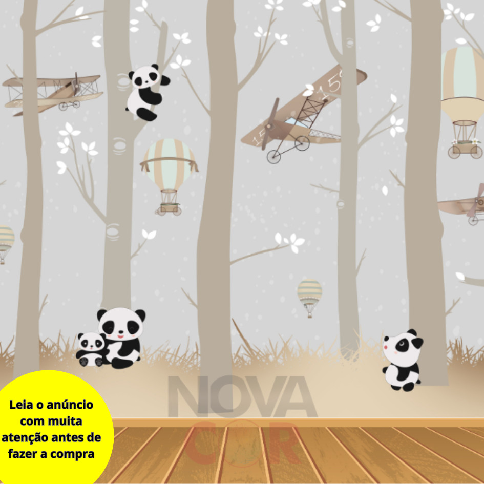 Papel De Parede Infantil Animais Panda Balão Bamboo 1m²