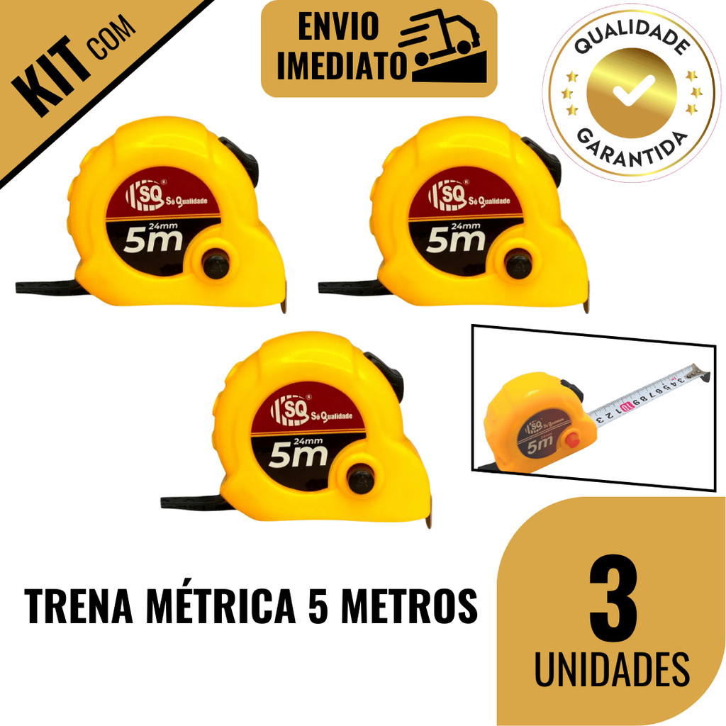 Trena Métrica 1/2/3 Peças 5 Metros Profissional de Plástico com Trava Fita de Aço e Alça  Aferição