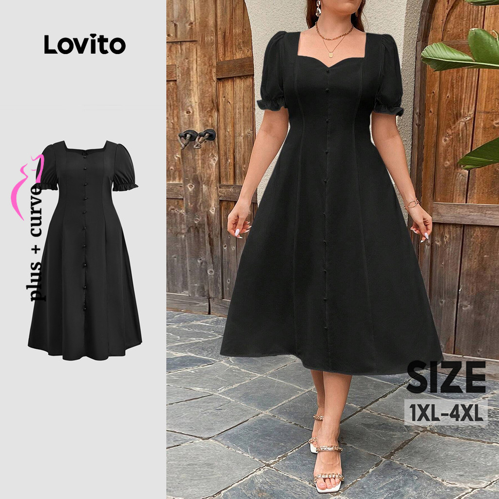 (Trendy) Lovito Vestido Plus Size elegante com estrutura lisa e botão frontal com mangas bufantes para mulheres LBL22653 em Oferta na Shopee